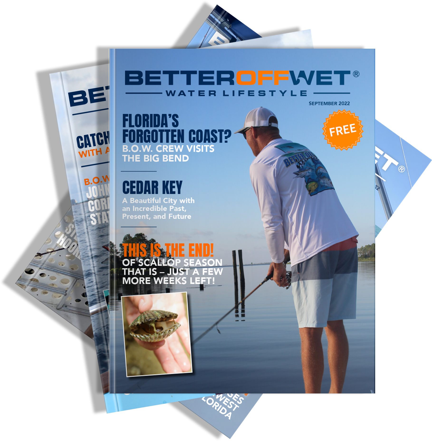 Better Off Wet Magazine Cover Design - TIB Creative Studio Cover of Better Off Wet Water Lifestyle magazine featuring a fisherman on a calm lake and vibrant typography, designed by TIB Creative Studio.